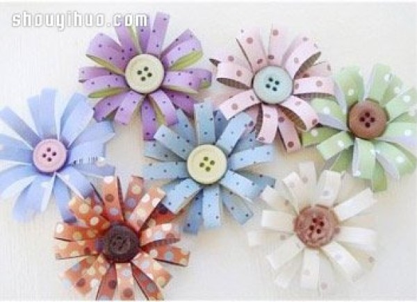 Illustration of how to make beautiful handmade flowers by DIY using colorful paper strips and buttons