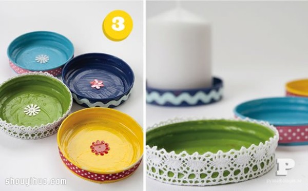 Illustrated tutorial on DIY candlesticks using metal lids from discarded jars