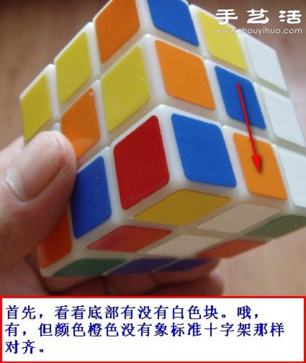 Illustration of a simple method to complete the Rubiks Cube cross with the bottom side down