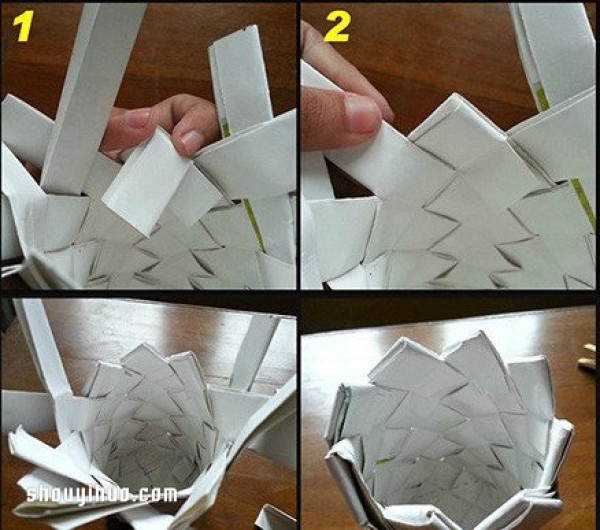 Detailed step-by-step picture of how to make a storage tube/pen holder from paper strips