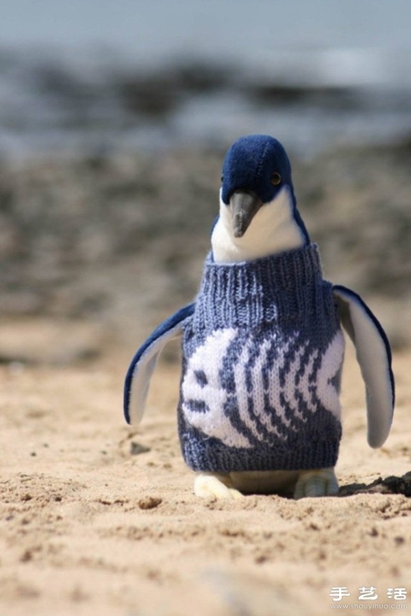 Put a knitted sweater on the penguin