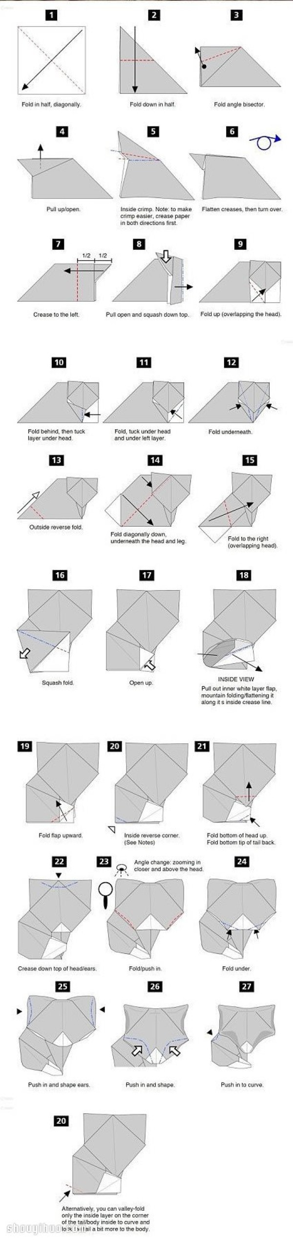 How to fold an origami fox, step-by-step illustrated tutorial on origami fox