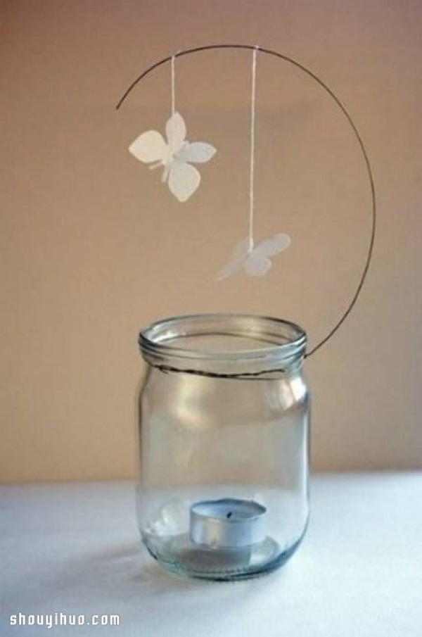 Glass bottle + iron wire + paper-cut handmade romantic butterfly flying candle holder