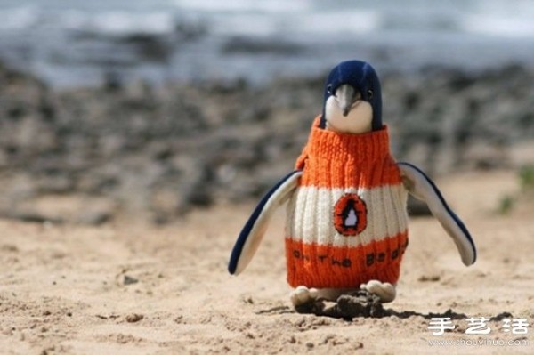 Put a knitted sweater on the penguin