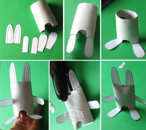 Illustrations of using waste materials in kindergarten to make rabbits from paper tubes with white rabbits