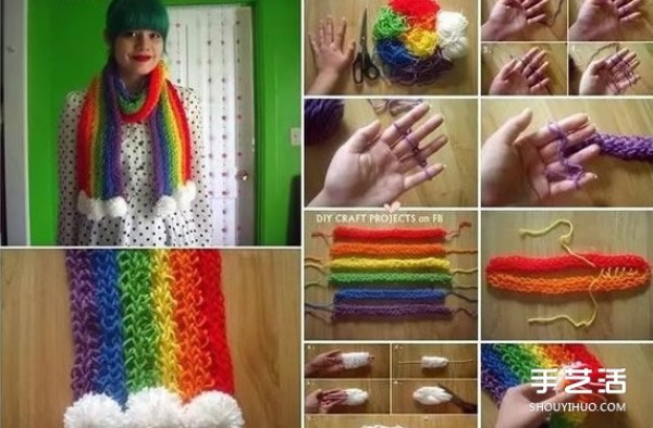 Hand-knitting scarf tutorial without needles and illustrations of how to start the scarf by hand