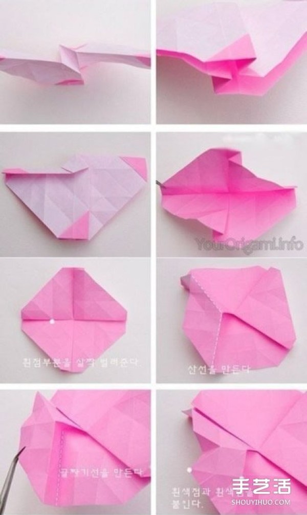 Illustrations of how to fold beautiful paper roses, step-by-step pictures of origami roses