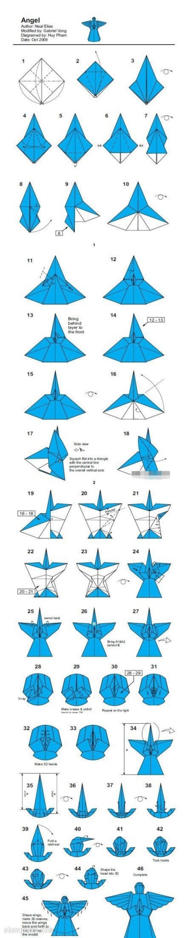 Illustrated tutorial on folding steps of super complex handmade origami angels