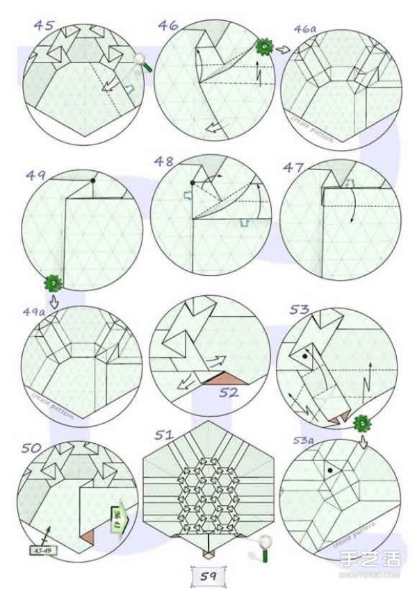 Super difficult origami turtle tutorial with illustrations of folding a realistic three-dimensional turtle