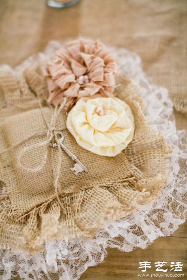 Handmade linen ring pillows commonly seen in forest weddings