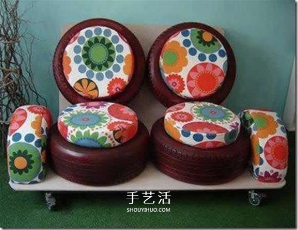 Pictures of used tires transformed into sofas and chairs.