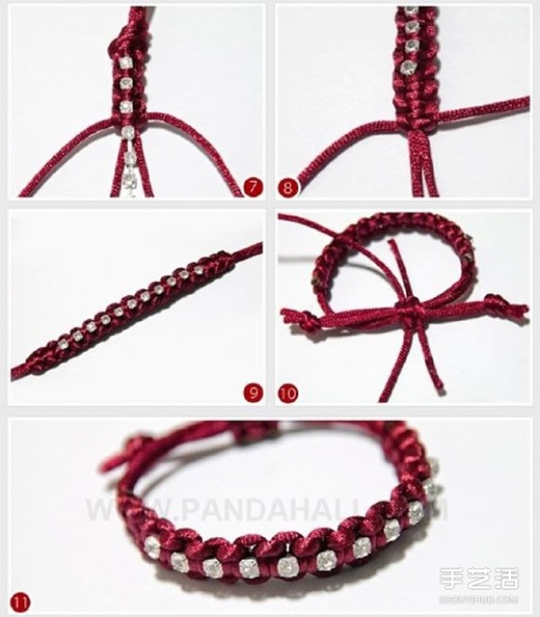 Illustration of a weaving method of a red rope bracelet with a tassel pattern and an atmospheric red rope bracelet