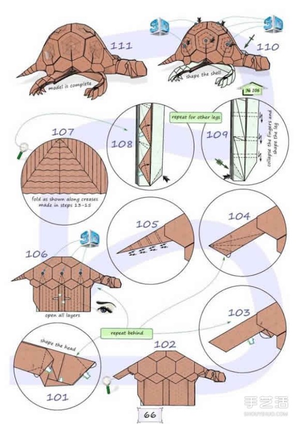 Super difficult origami turtle tutorial with illustrations of folding a realistic three-dimensional turtle