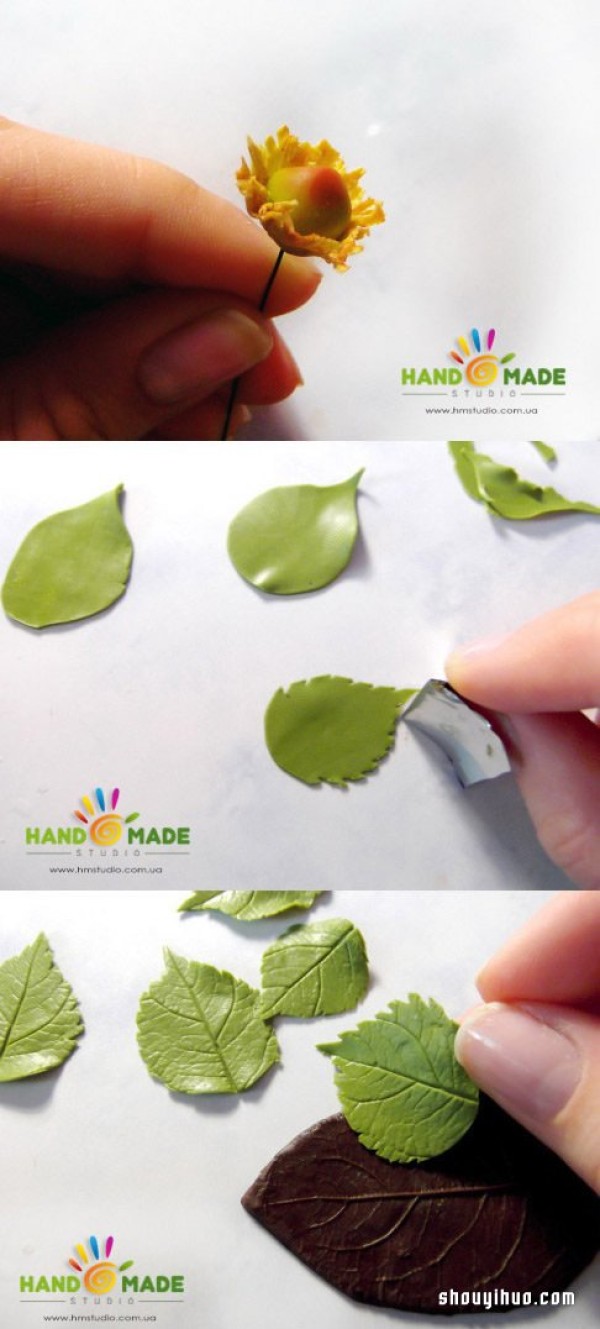 Illustration of how to make soft clay for small fresh plant brooches