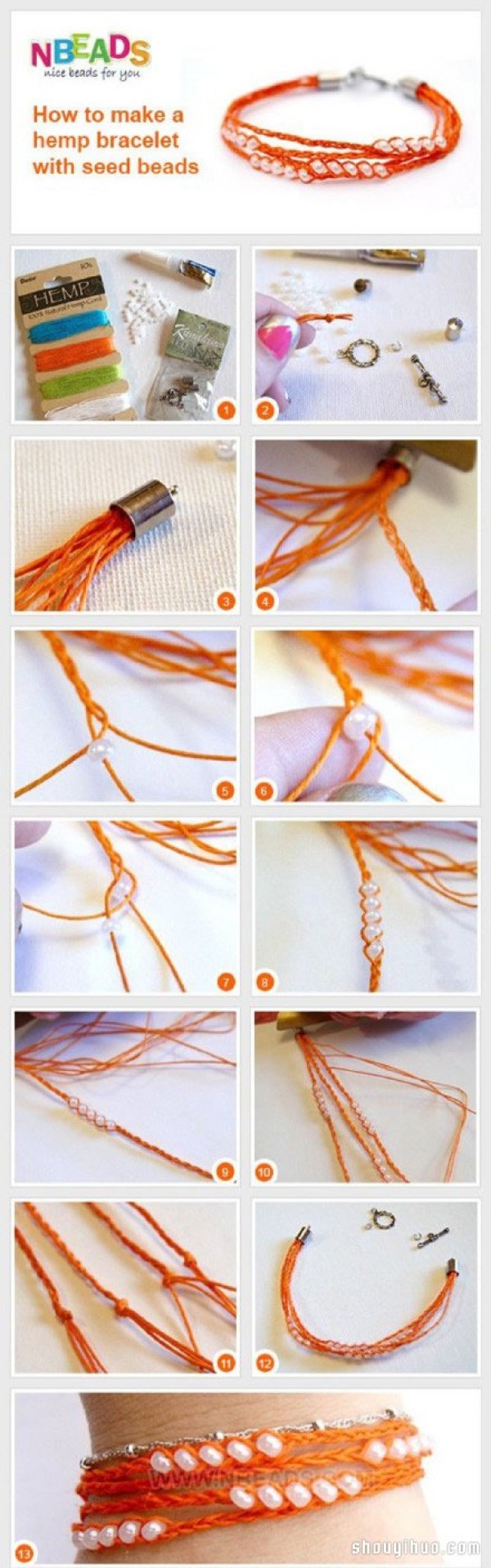 Illustrated tutorial on how to weave multi-strand rope beaded bracelets