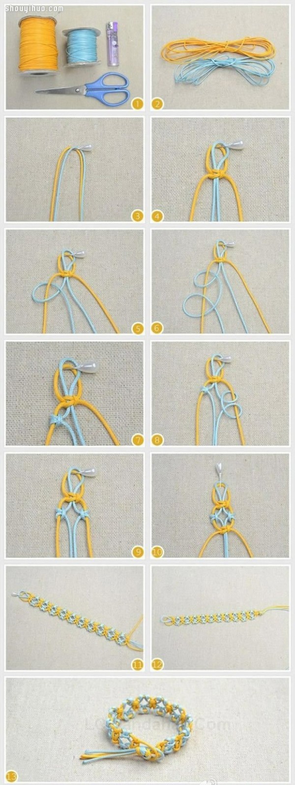 DIY illustrated tutorial of two-strand rope braided bracelet with copper coin pattern