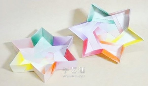 Illustration of the folding method of a six-pointed star paper box and the steps of origami hexagonal paper box with lid