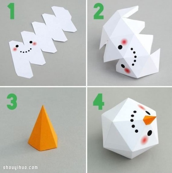 Illustrated tutorial on making a three-dimensional polygonal snowman from cardboard origami