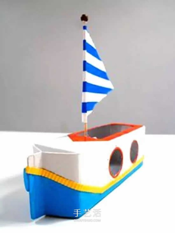 A handmade picture of making a boat out of a waste milk box, an illustration of a handmade picture of a childrens toy boat