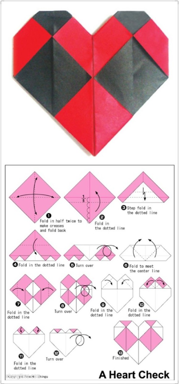 Six ways to make origami hearts, illustrated with steps to make handmade origami hearts