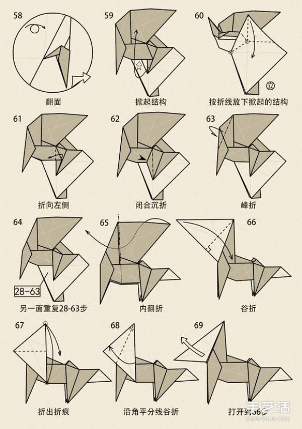 The origami method of the goat illustrates the folding steps of the twelve zodiac sheep