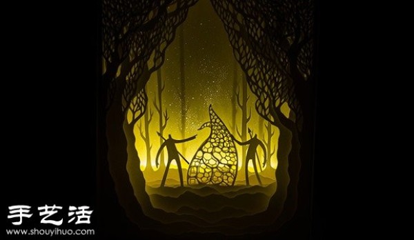 DIY fairy tale color paper sculpture scene with paper cutting and light