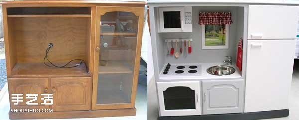 An illustrated tutorial on how to DIY an old TV cabinet to transform a childrens toy kitchen