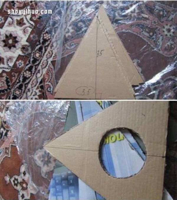 Illustrated tutorial on making a cute cat nest using corrugated paper and non-woven fabric