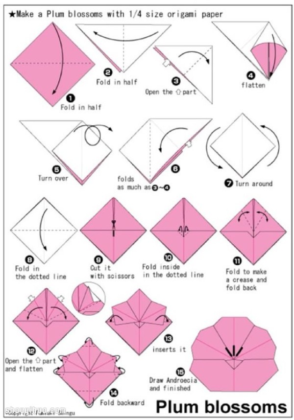 The folding method of plum blossoms and the step-by-step tutorial on origami plum blossoms