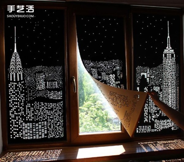 Ukrainian handmade city silhouette curtains engraved with limited day and night scenes