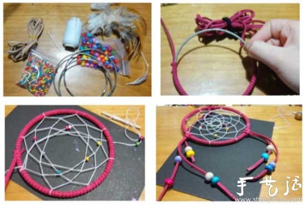 Handmade Indian amulet "Dream Catcher" border="0" width="550" height= "364" src="https://img.111diy.com/timthumb.php?src=/d/file/20220112/vfjqtvpjxo4.jpg" /></p>

<p><strong>Handmade materials:</strong> Metal rings, dark leather ropes, light-colored nylon threads, feathers, beads with holes (10 large and small beads each). </p>

<p><strong>Handmade steps:</strong></p>
<p>1) The leather rope is tightly wrapped around the metal ring, leaving a section at the end of the leather rope as a lanyard;</p>
<p>2) Thread 10 small beads into the nylon thread, and then weave a spider web on the metal ring;</p>
<p>3) Cut 4 pieces of leather rope, fold the leather rope in half, put one end on the ring, put 2 large beads on the other end, and tie it with feathers, do this for all 4 pieces of leather rope. Okay, it’s done! Is it easy to make a dream catcher by hand?</p>
<p align="center"><img alt="Indian Amulet Dream Catcher Handmade" Dream Catcher"" alt=