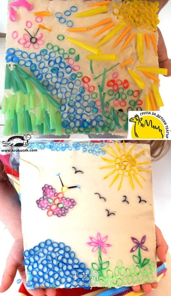 Childrens straw painting works, pictures are simple and beautiful straw collage