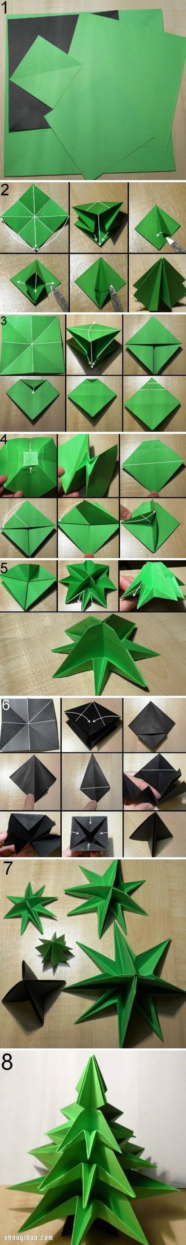 An illustration of how to fold a Christmas tree and how to make a Christmas tree using origami