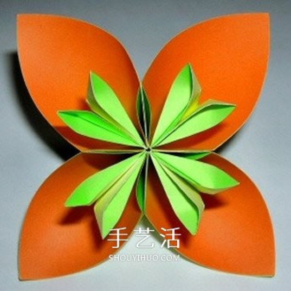 Illustration of the origami method of six four-petal flowers combined into beautiful flower balls