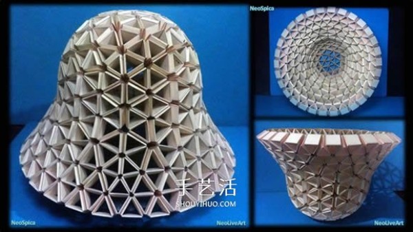 Illustration of the steps of hand-made origami Snapology ball using paper strips to make a sphere