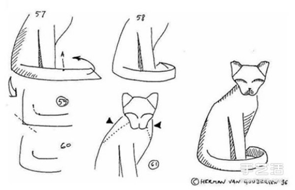 Origami illustration of a complex cat, steps to fold a three-dimensional sitting cat