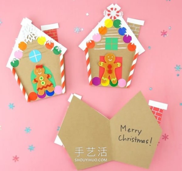 Illustrated tutorial on how to make homemade Christmas gingerbread house cards