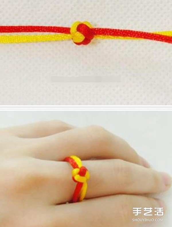 The braiding method of a two-color ring illustrates the simple method of braiding a ring with two strands of rope