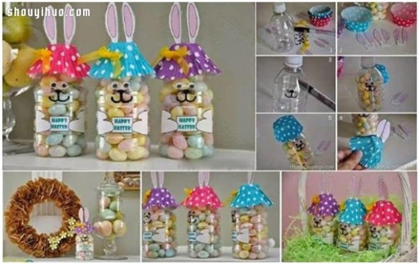 Mineral water bottle + cake paper handmade cute rabbit storage jar