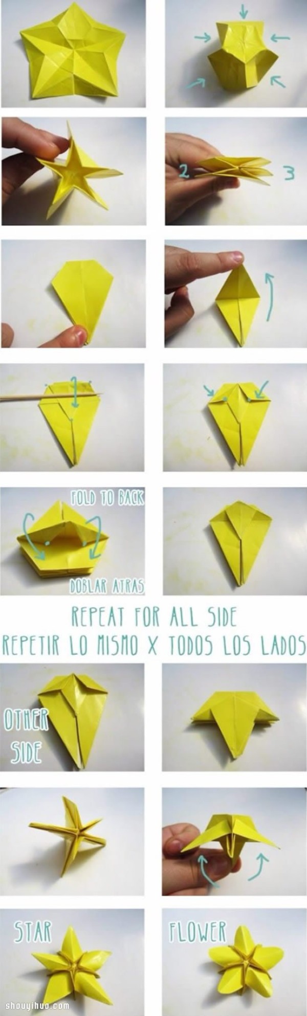 How to fold an origami star with illustrations and steps for making origami flowers by hand