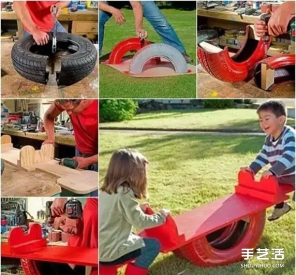 Creative handmade use of waste tires to make DIY seesaws and elephant toys