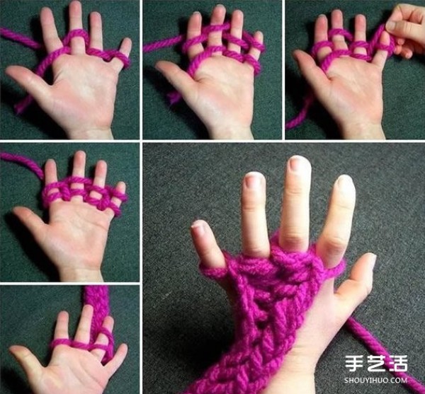 Hand-knitting scarf tutorial without needles and illustrations of how to start the scarf by hand