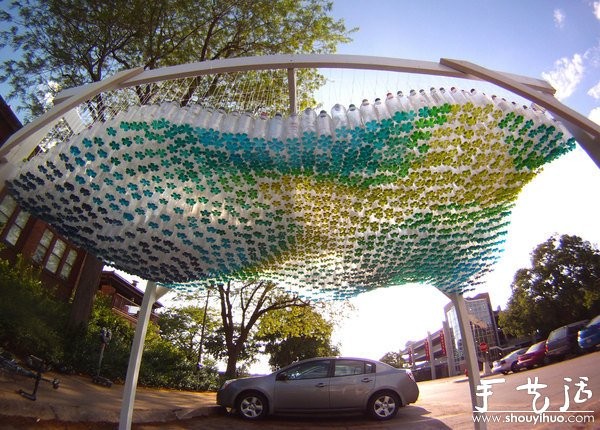 Car awning made from discarded beverage bottles