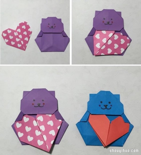 Illustrations of how to fold a cute little bear with a hand-made origami and a loving heart