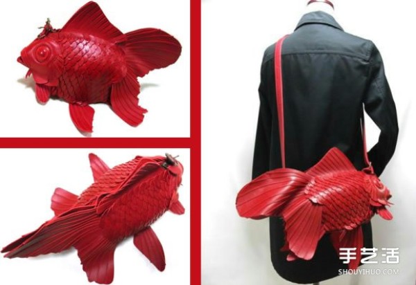 One-shoulder goldfish bag handmade in smooth leather