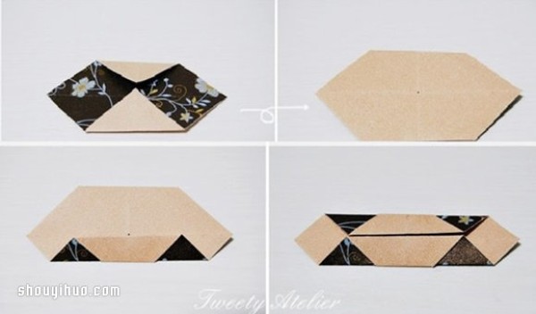 Illustrations of folding origami three-dimensional rhombuses for use as packaging boxes or pendants