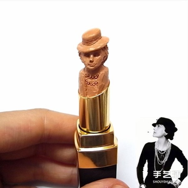 The lipstick is carved into a very delicate and interesting handiwork of a famous figure