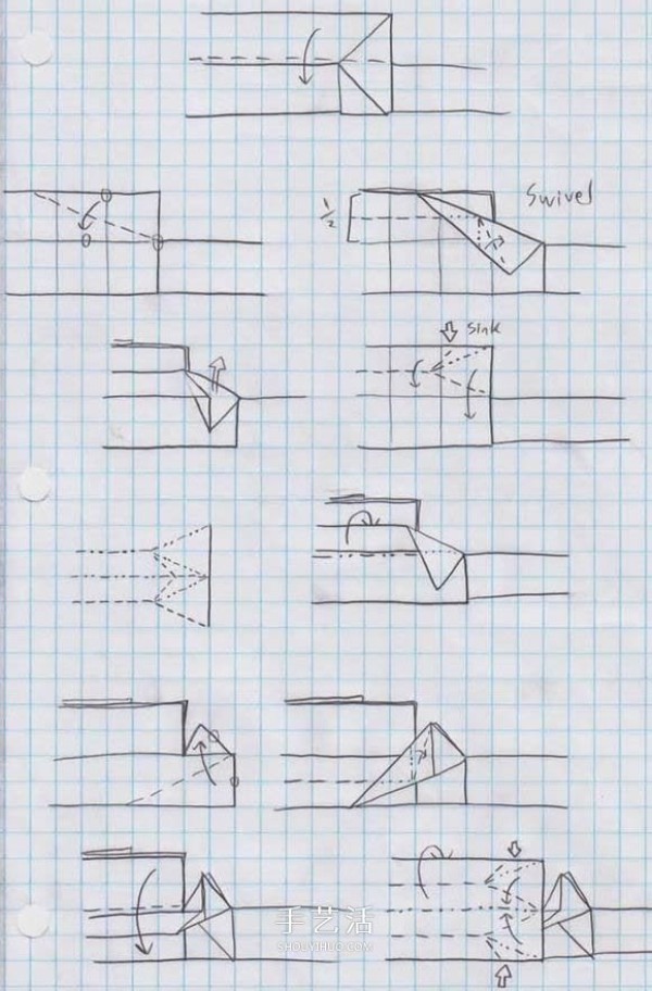 Illustration of the origami method of the sharks mouth, step-by-step diagram of how to fold the sharks mouth