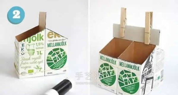 Milk cartons are made into a pen holder/storage box that can be carried