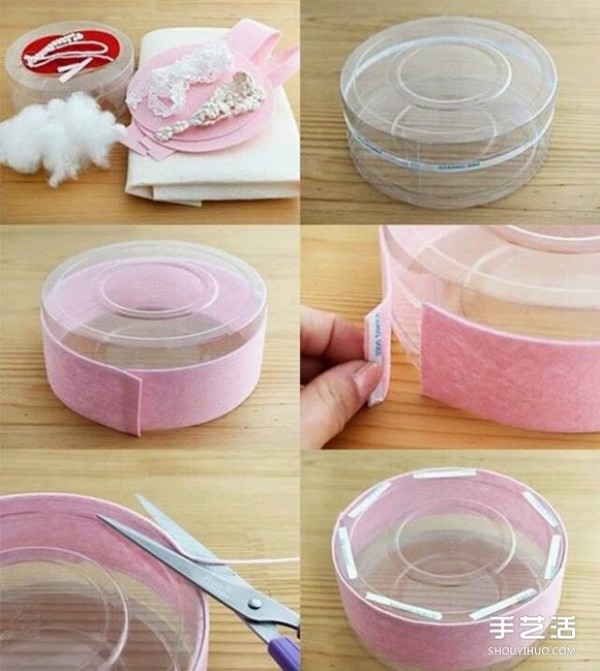 Use round plastic box waste to DIY to make cake-shaped jewelry box